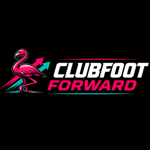 A flamingo with two arrows moving forward. Clubfoot Forward written in White and Pink