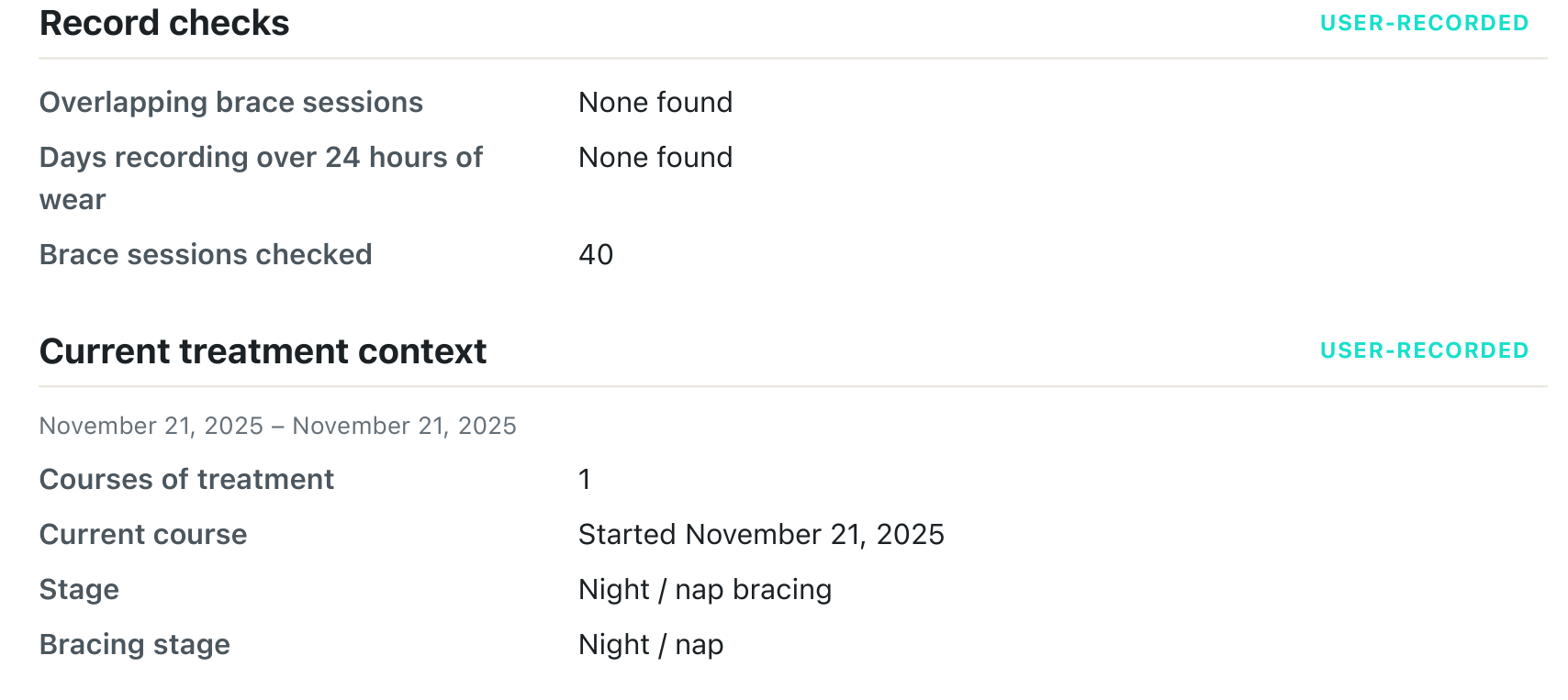 Record checks section of a sample Clubfoot Forward provider summary: overlapping brace sessions none found, days recording over 24 hours of wear none found, 40 brace sessions checked, followed by the current treatment context.